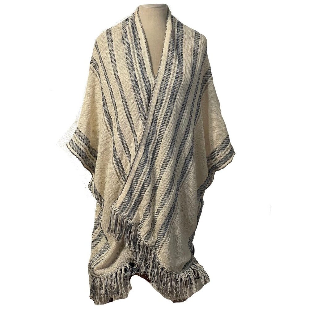 Lucky Brand Shawl Poncho Womens Plus 2X Woven Open Striped Bohemian Ivory